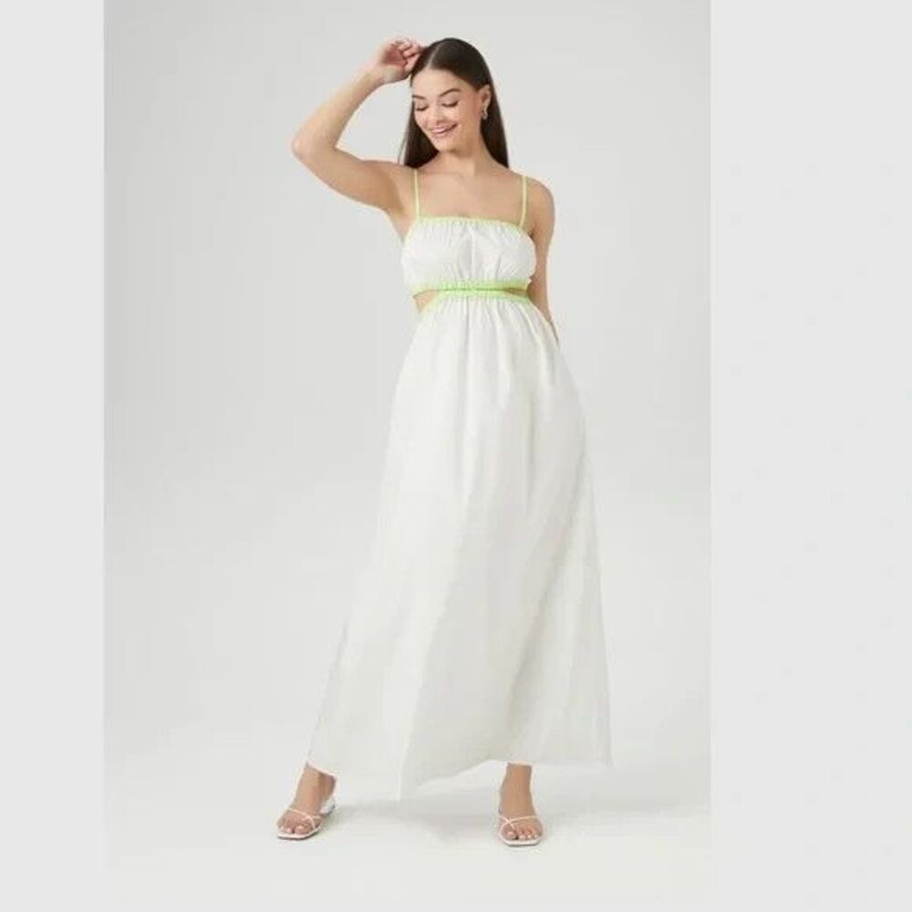 Vintage Forever 21 Cream Nylon Green Trim Cutout Maxi Dress Sporty Size Medium